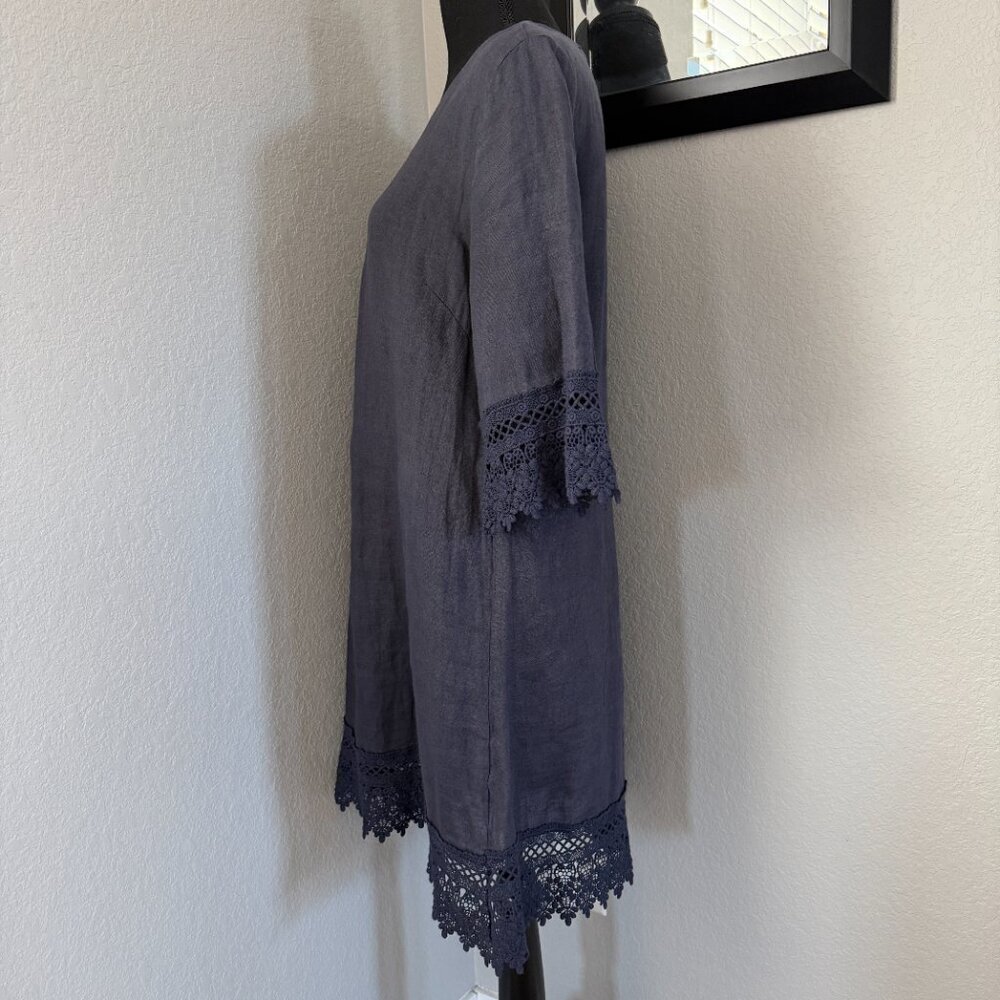 ROSEMARINE 100% Italian Linen 3/4 Sleeve Crochet Dress Blue Gray Small - Picture 7 of 13